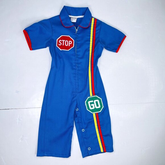 Vintage Montgomery Ward Color Block STOP GO Mechanic Longalls Romper Outfit 18m - Picture 13 of 13